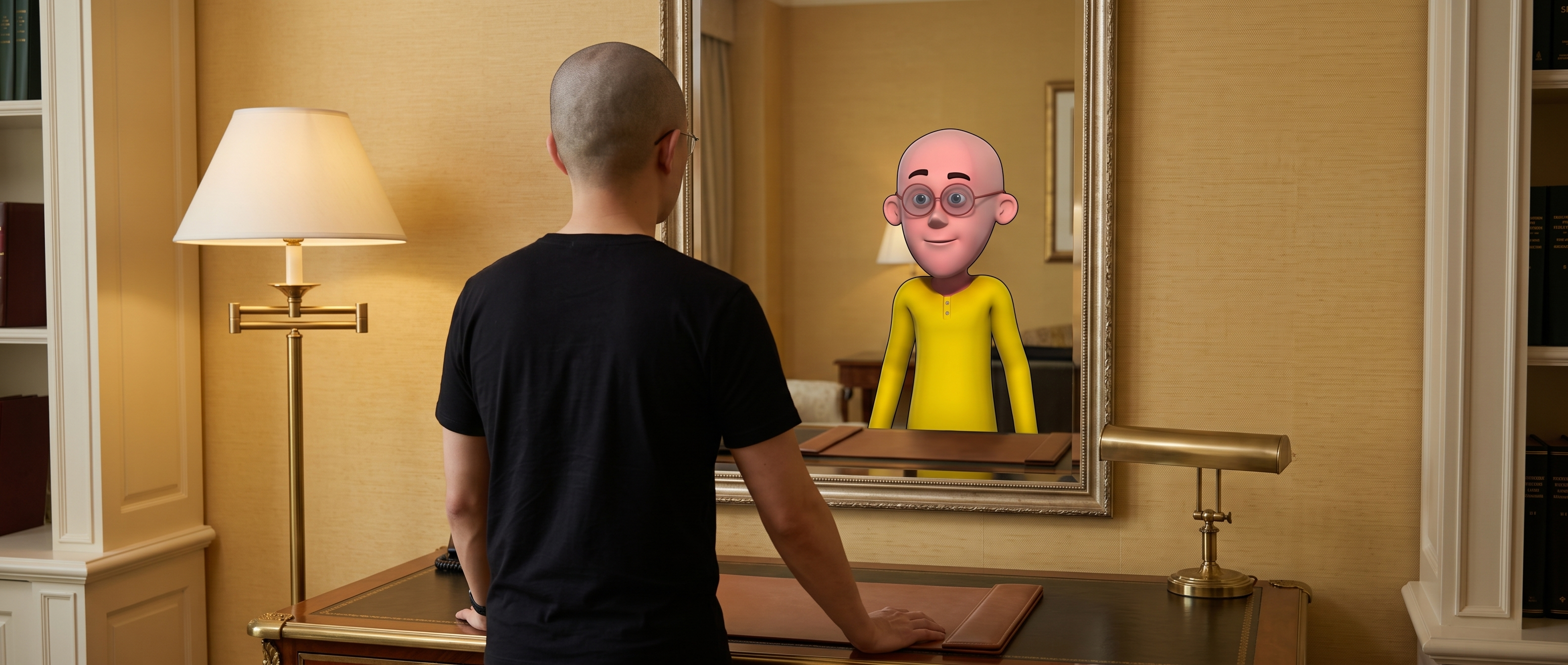 Man looking in the mirror and seeing Patlu