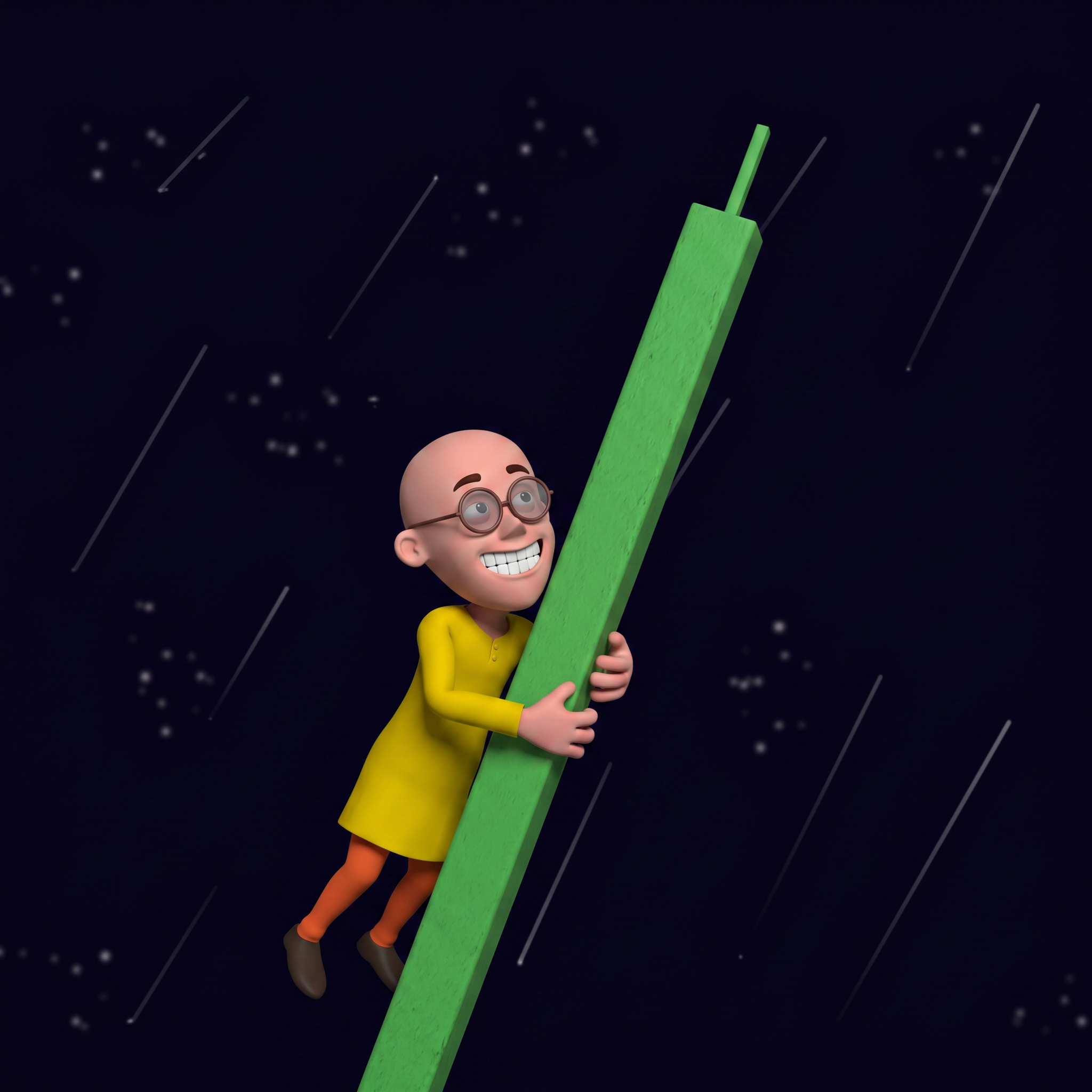 Patlu riding a rocketing green candle