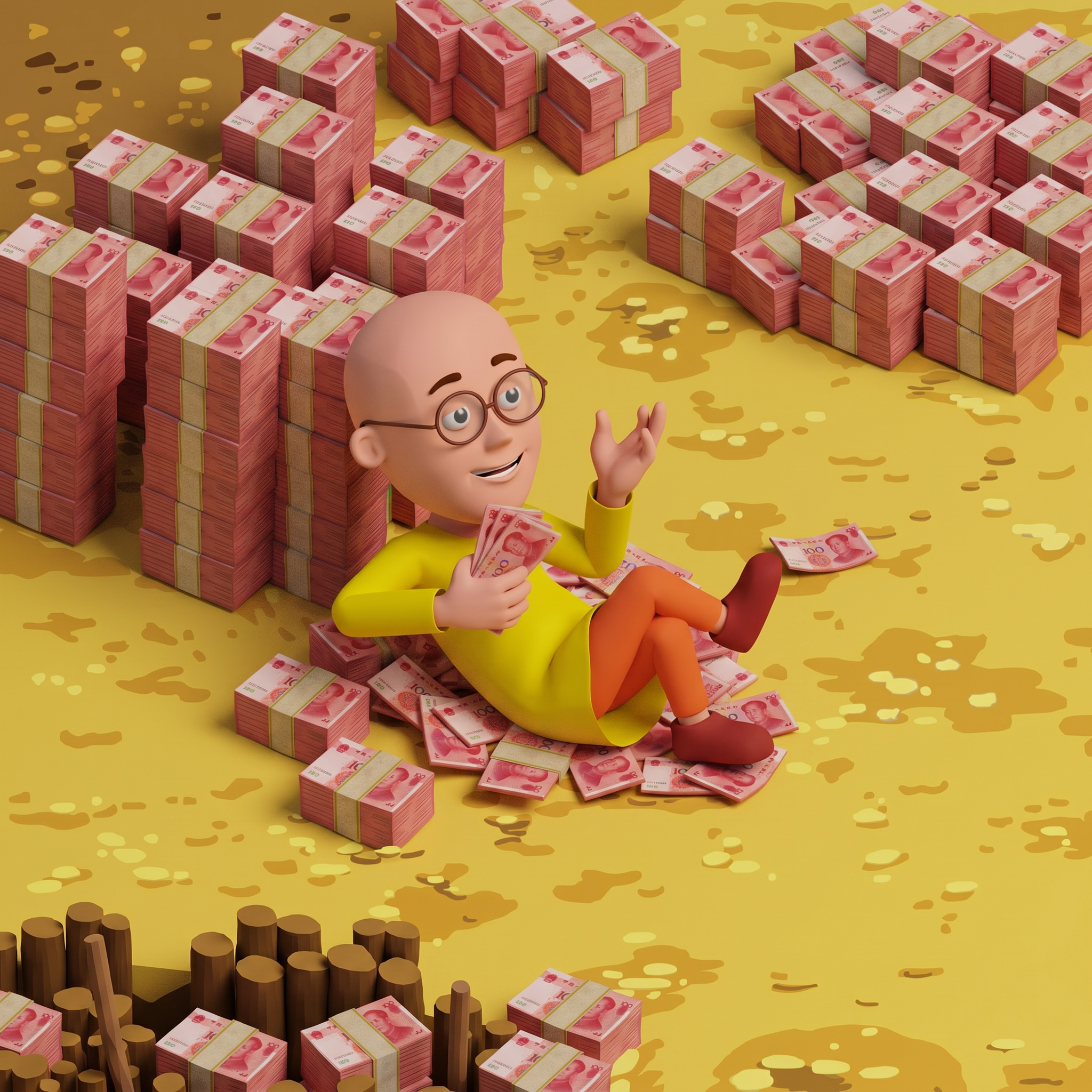 Patlu sitting on stacks of cash