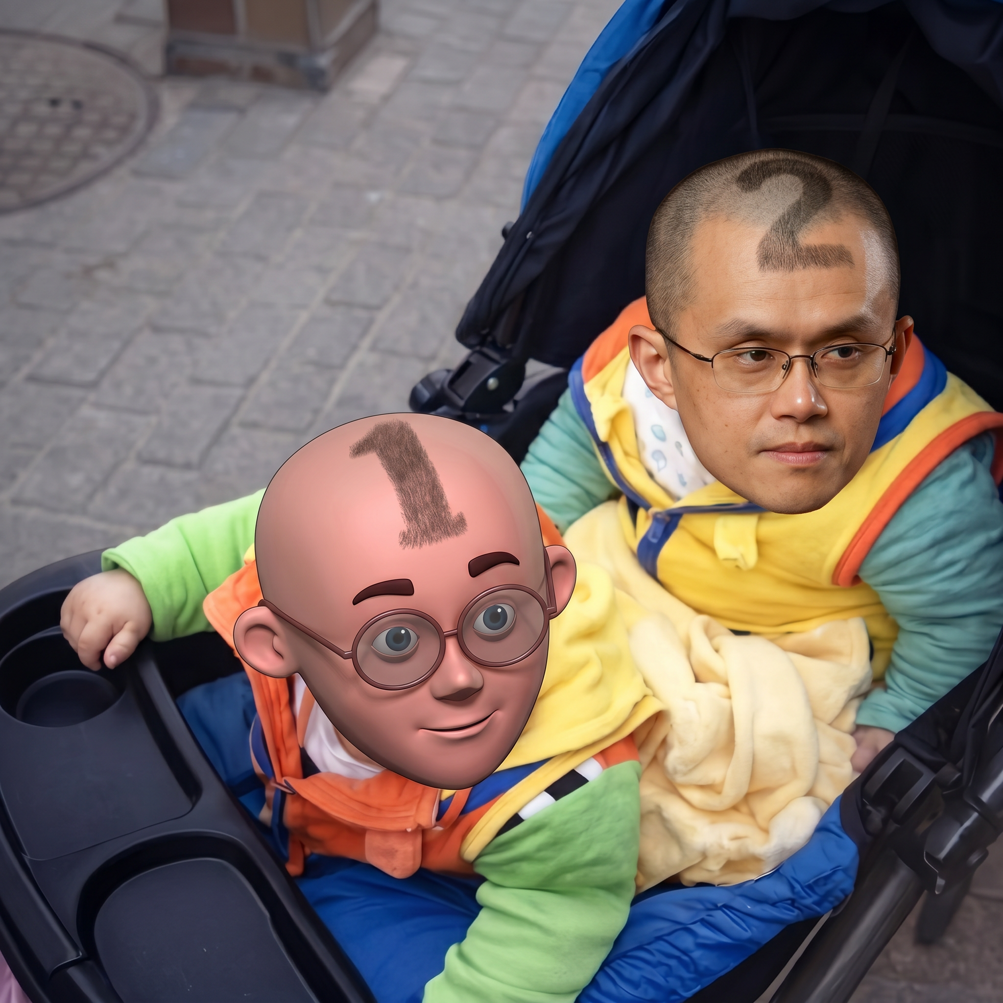 Twin babies numbered one and two in a stroller